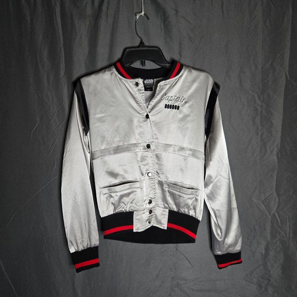 Her Universe Star Wars Bomber Jacket Womens Large XS Captain Phasma Satin Silver